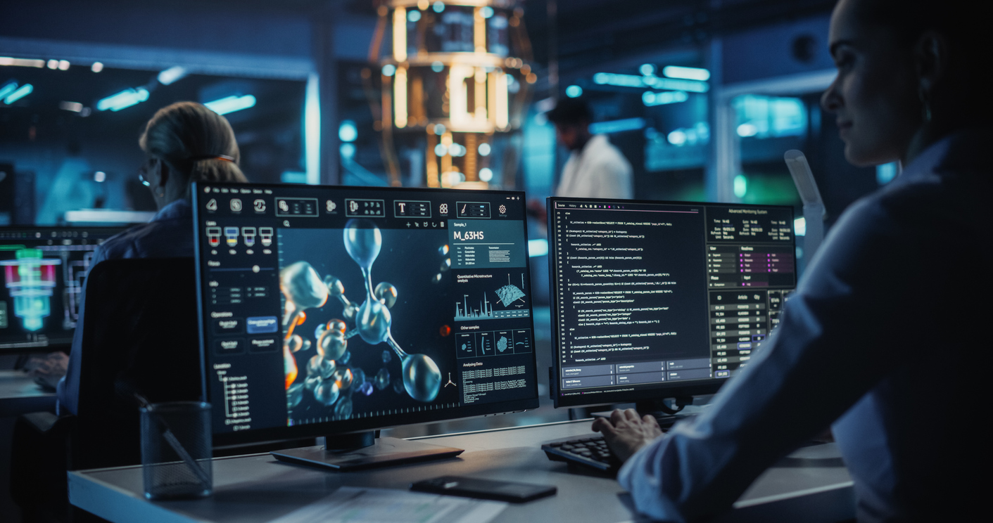 Female chemist in a laboratory looking a molecular modelling software on a computer
