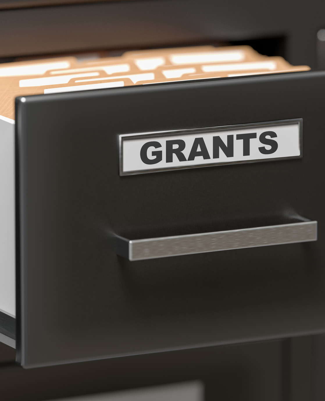 Black filing cabinet with drawer open showing grant-related files